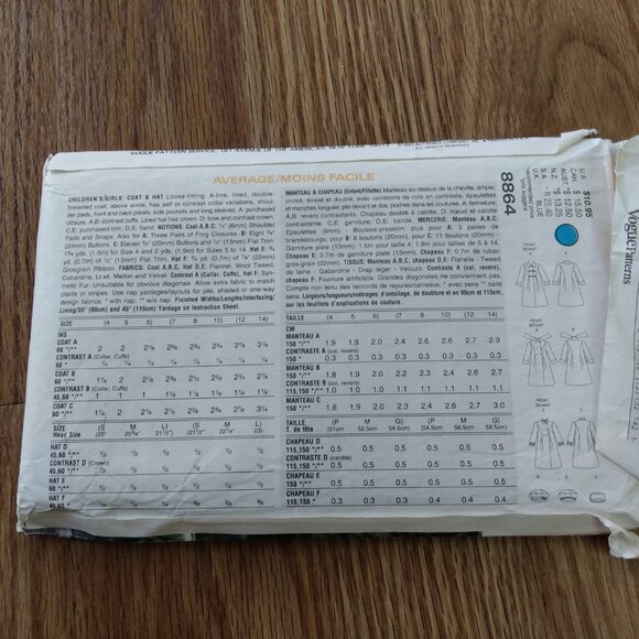 Vogue 8864 Sewing Pattern Girls Size 4-6 Long Coat and Tam Hat - Picture 8 of 16